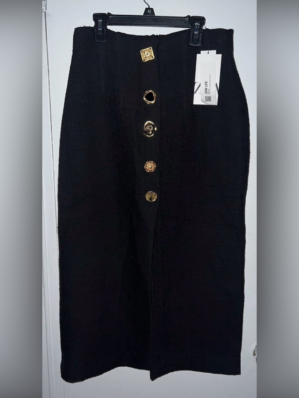 Zara Black Pencil Midi Skirt with Gold Button Detail